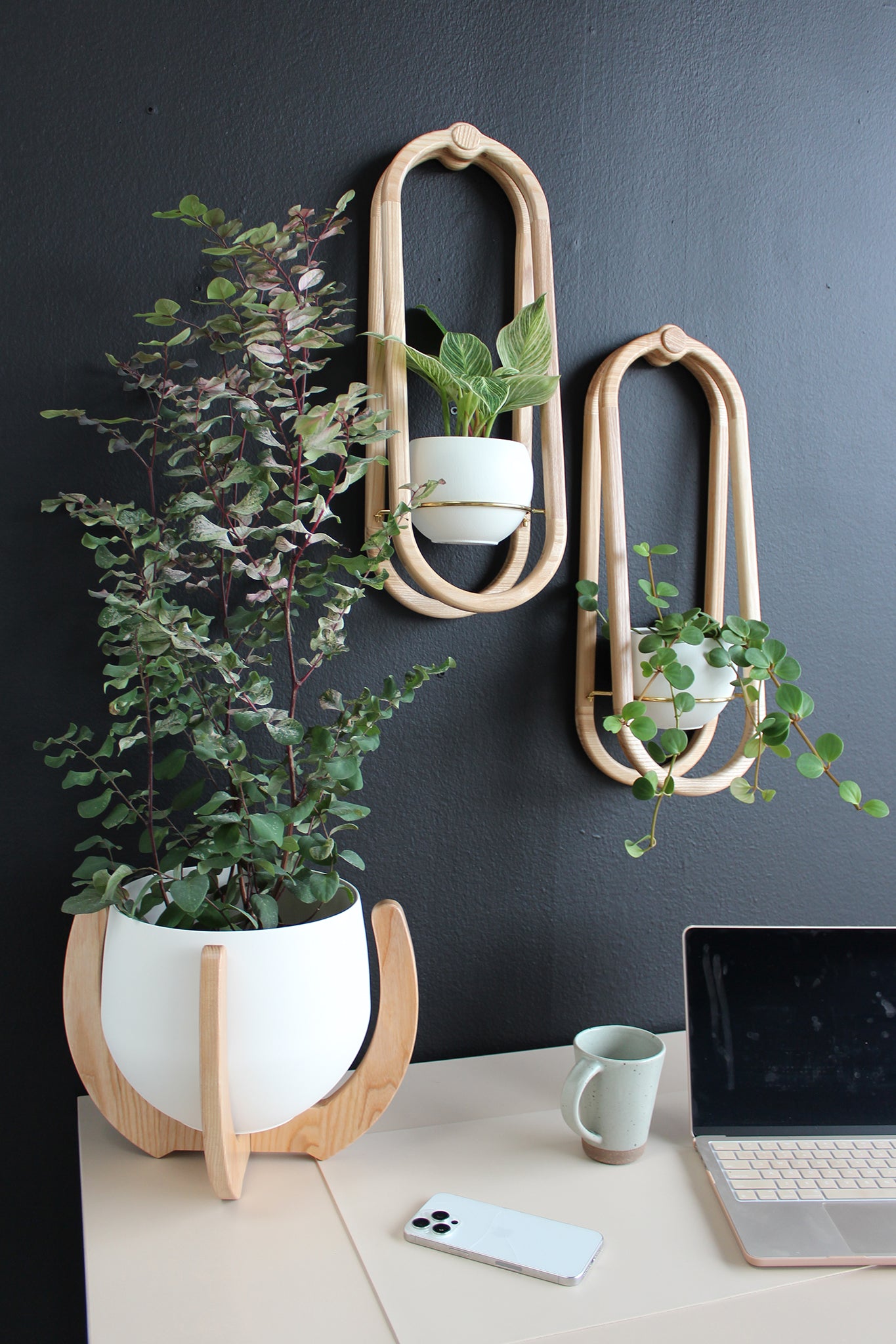 office desk area styled with nested plant stand and frame wall planters by braid &amp; wood