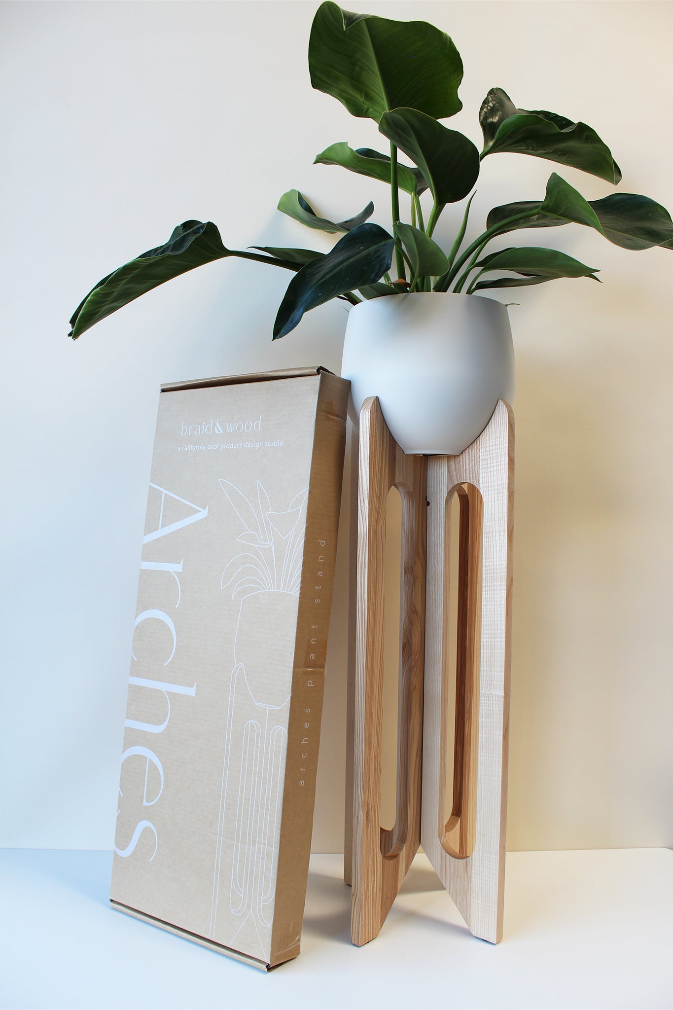 tall plant stand and pot placed next to product packaging