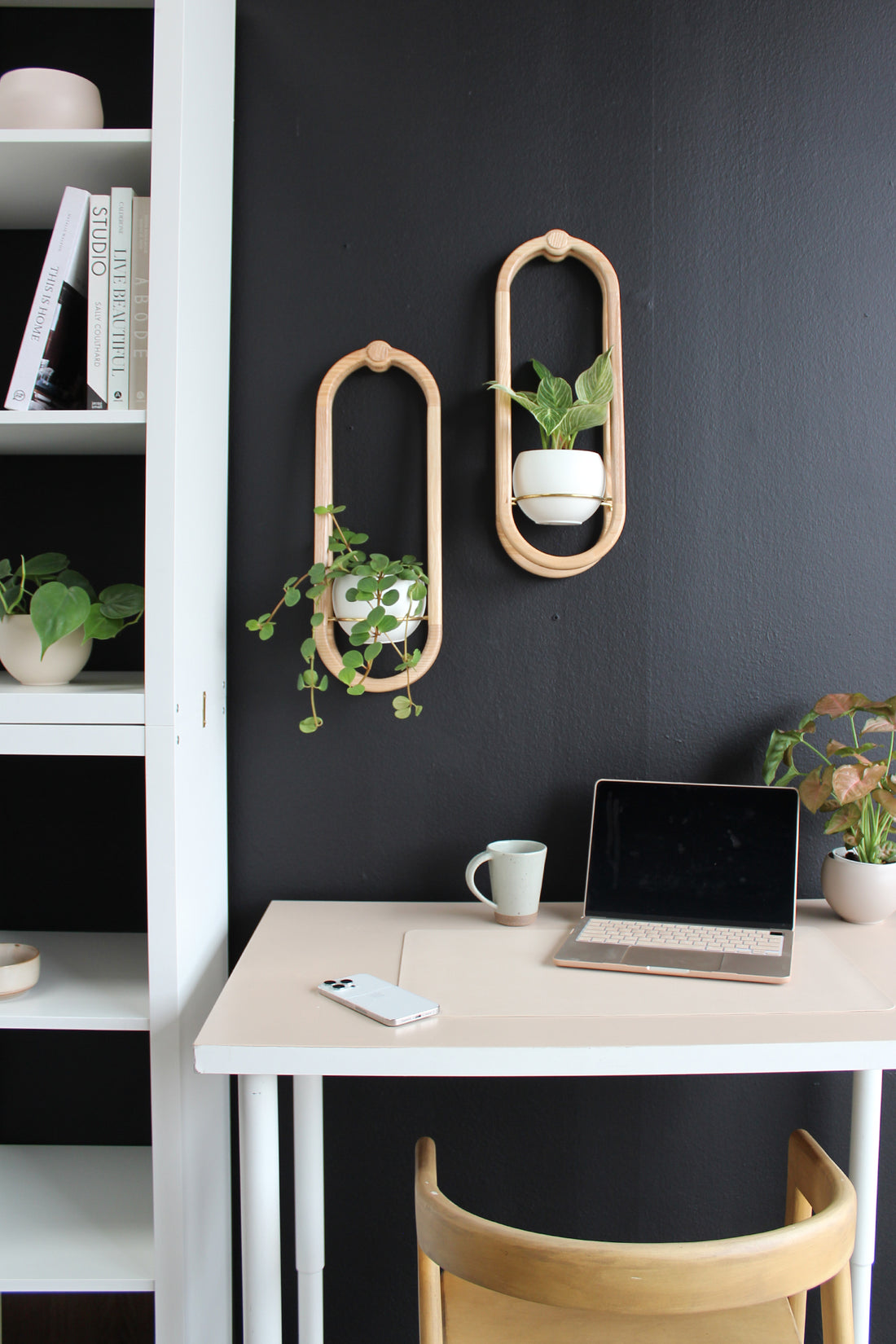 modern and moody home office styled with frame wall planter + pot by braid &amp; wood